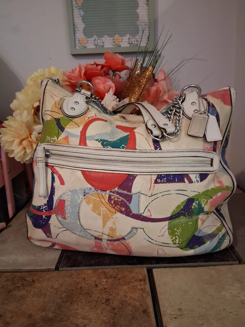 Coach Multicolor Canvas Shoulder Bag with White Leather Trim